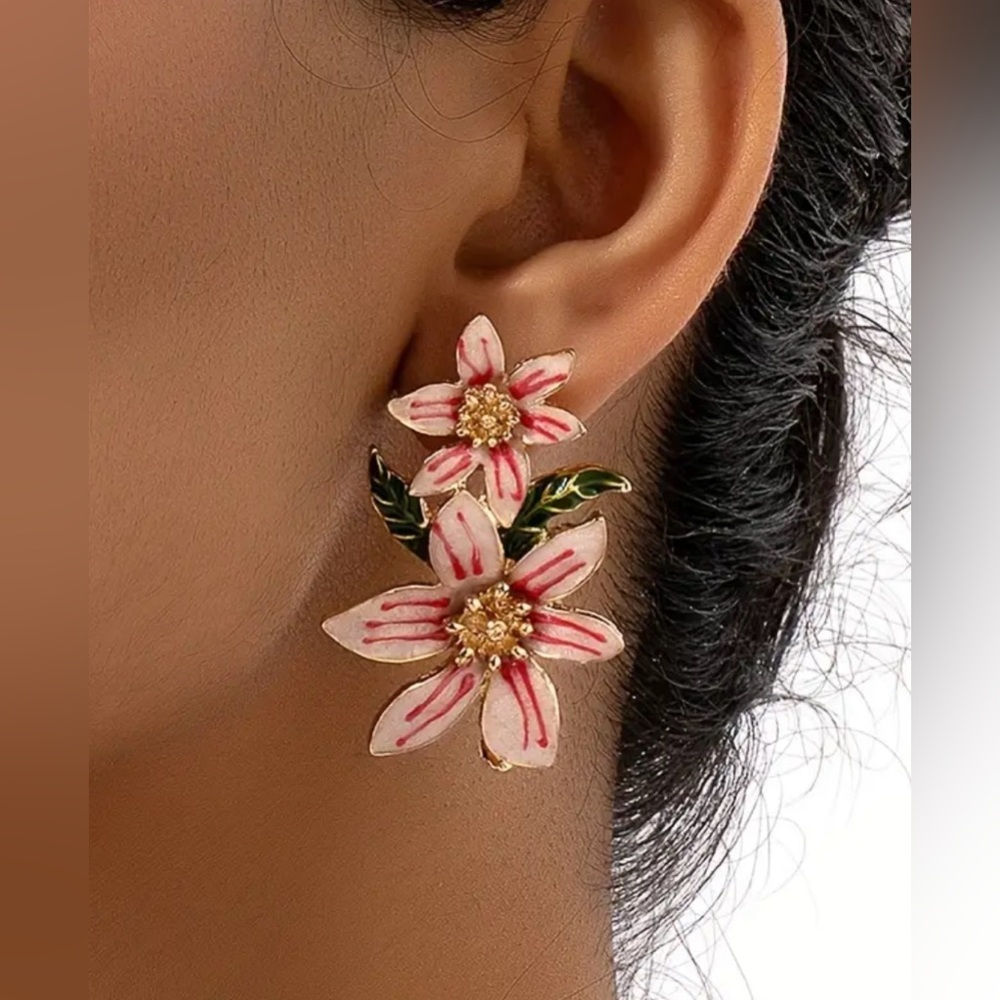 Pink and Gold Floral Earrings with Vintage Charm